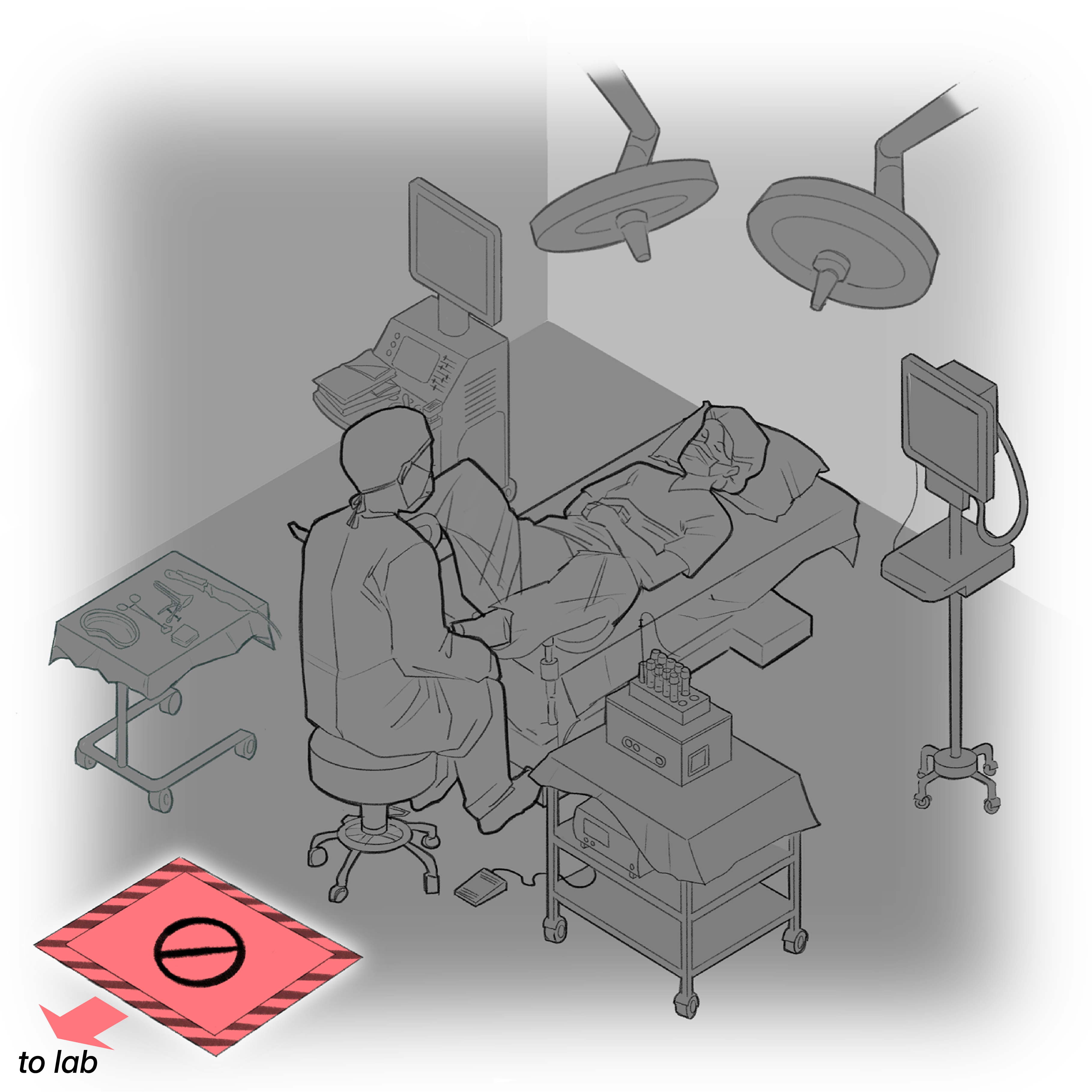 Red-marked area on floor indicating where providers should not stand during the procedure.