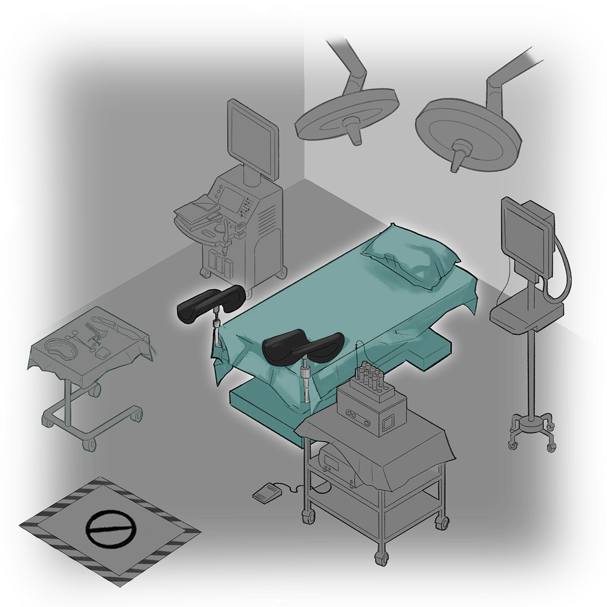 Draped procedure table and stirrups highlighted