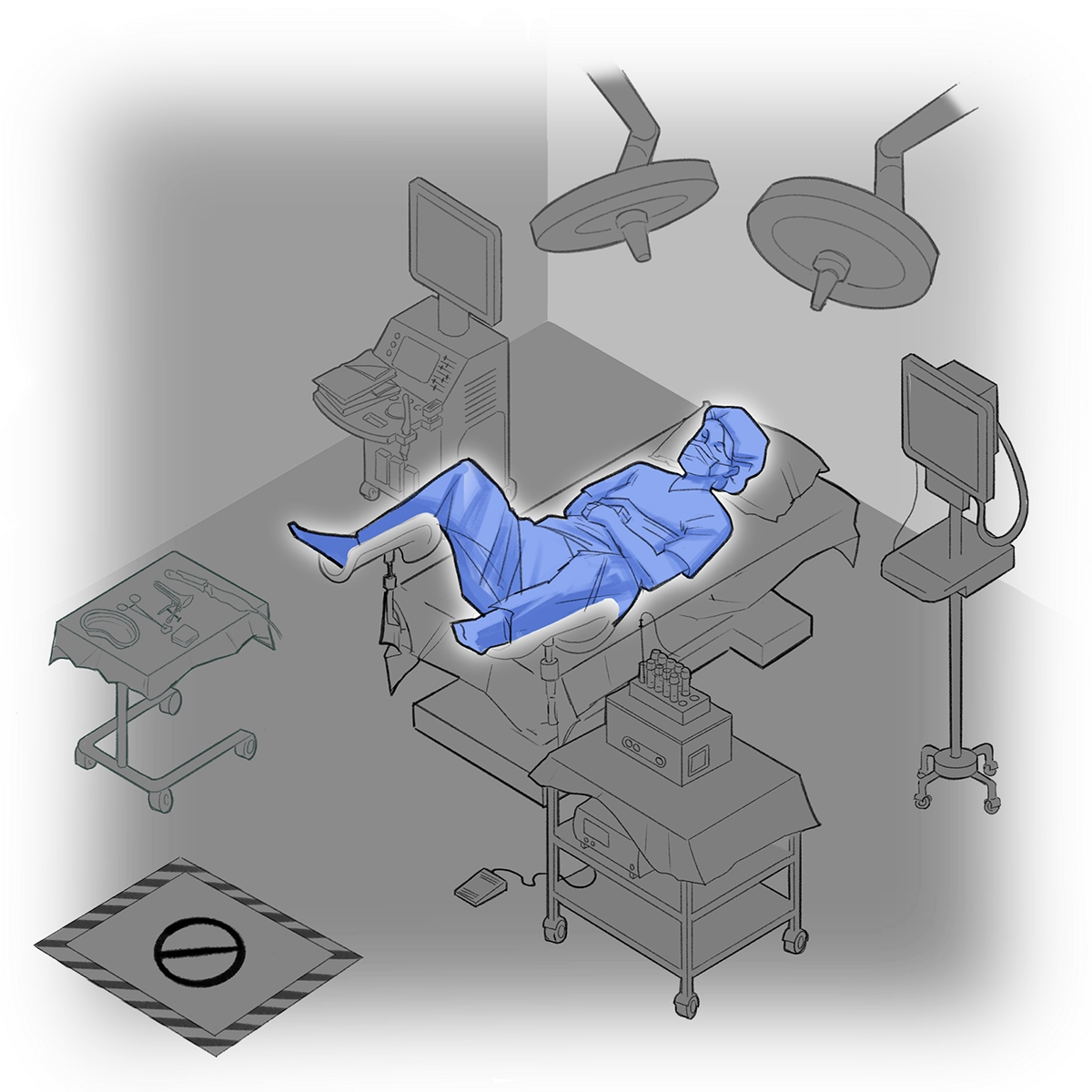 Patient laid on their back with eyes closed and arms folded over stomach