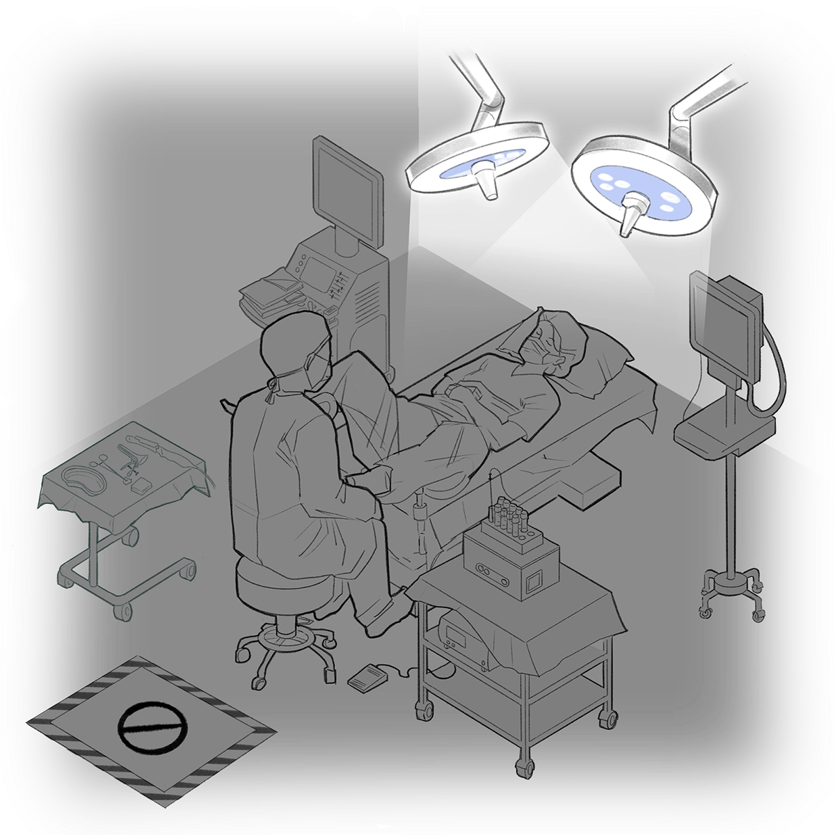 Two ceiling-mounted surgical lights