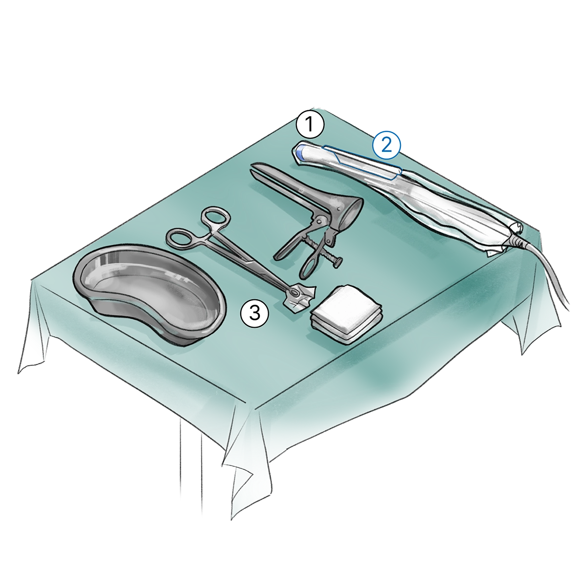 Draped mayo stand with transvaginal probe and other surgical tools